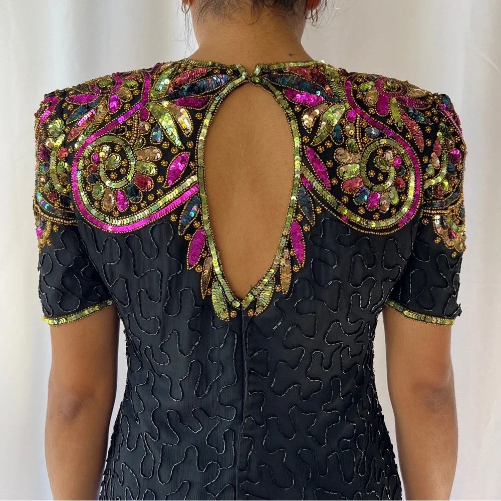 Vintage 80s Lawrence Kazar Embellished multicolor Sequin Cocktail Dress size PL - Picture 9 of 17